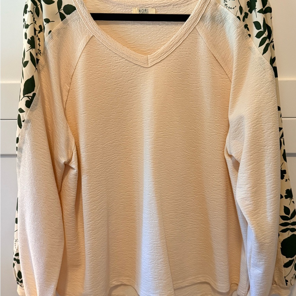 Kori Cream Textured V-Neck Top